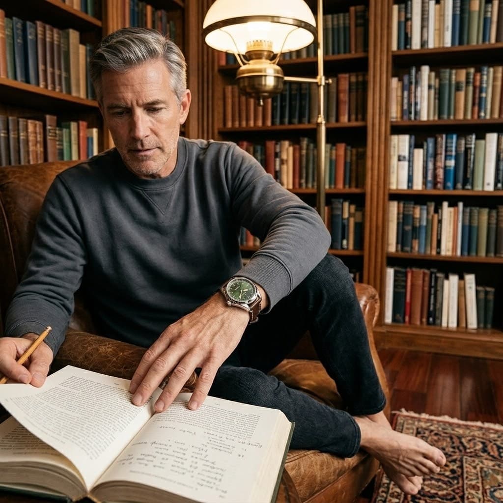 Reading in a library, a green-dial watch on the wrist