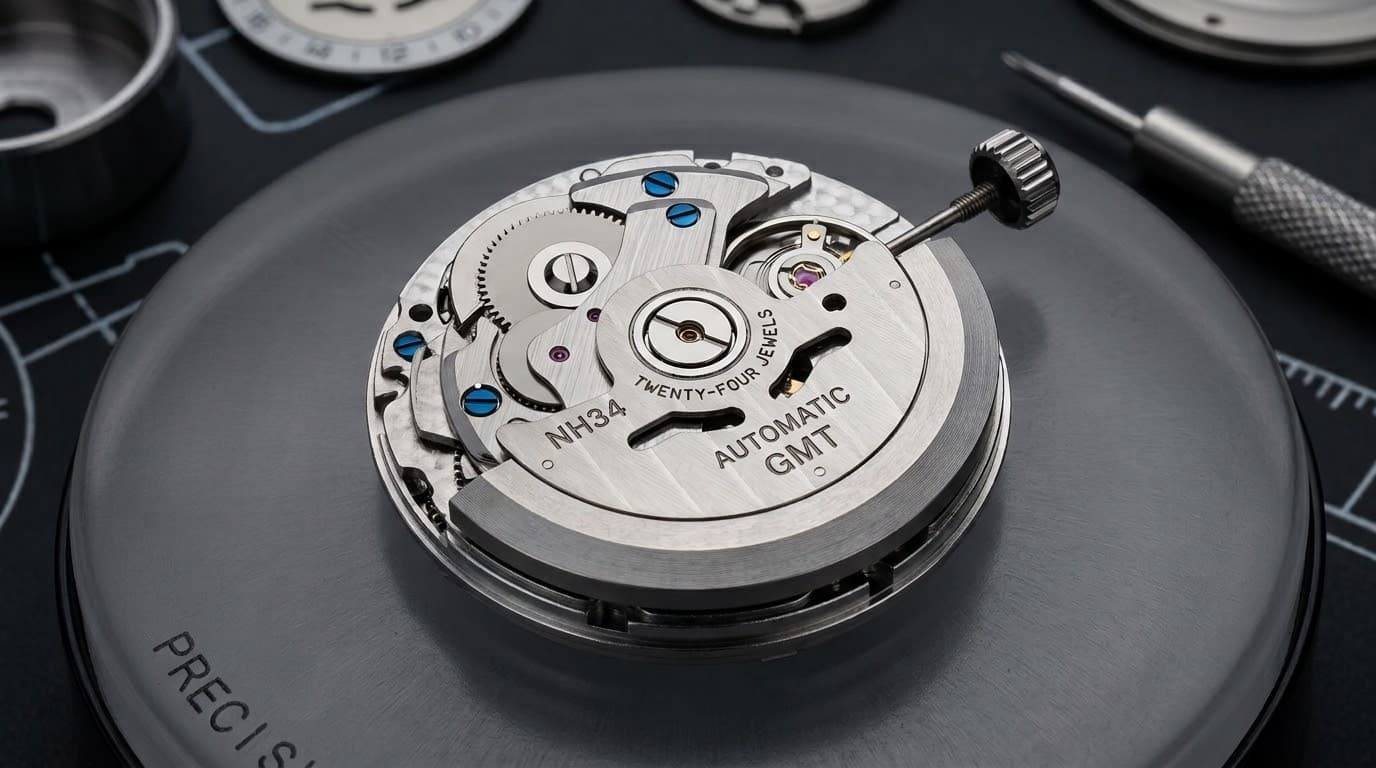An NH34 automatic GMT movement, rotor uppermost
