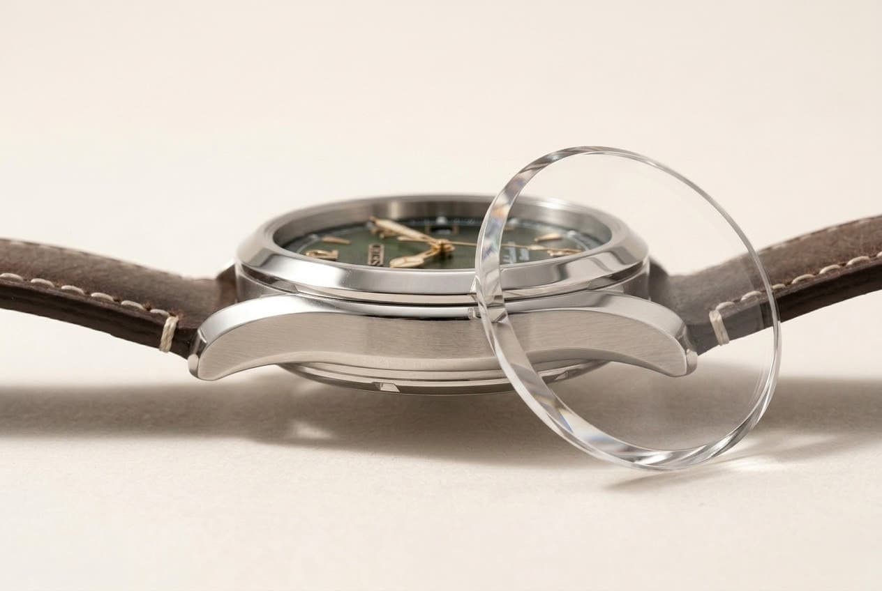 A sapphire crystal resting against a watch case in profile