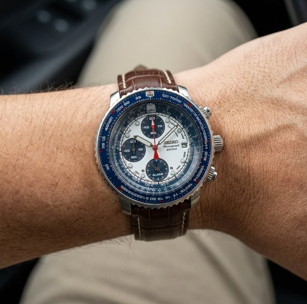 A Seiko Flightmaster chronograph on a wrist